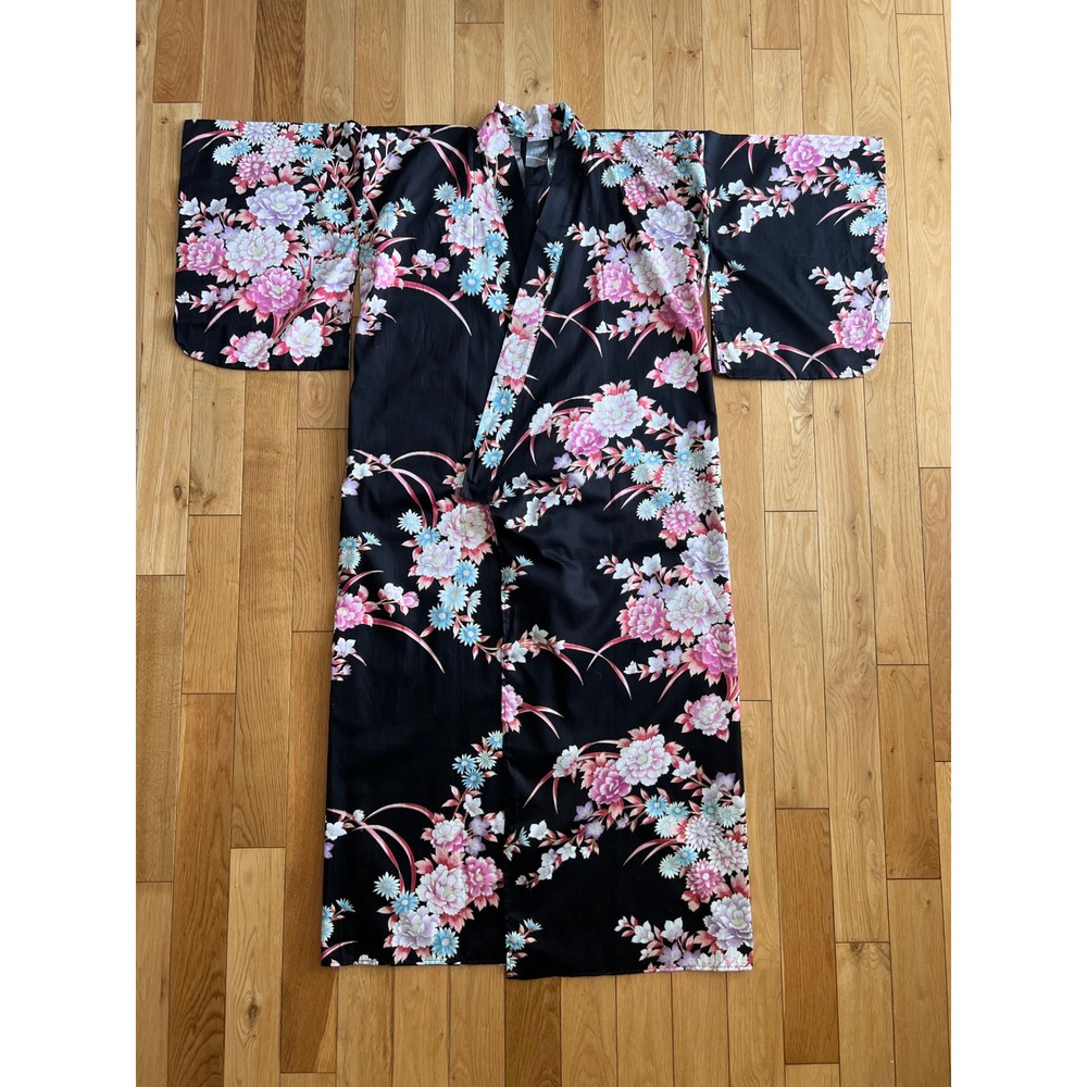 Japanese Traditional Kimono Black Pink Cherry Blossom Cotton Belted Sakura Shoji